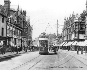 Broad Street with a Tram travelling down the middle, Reading in Berkshire c1900s