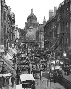 Fleet Street, Ludgate Hill and St Pauls Cathedral in the distance in London c1890s